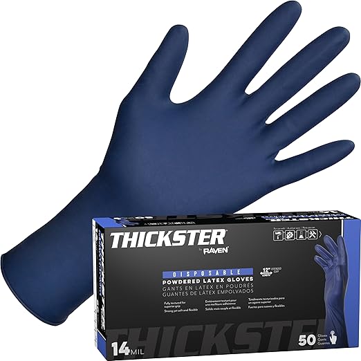 SAS Thickster Powdered Latex Disposable Gloves - 10 Boxes / 50 Ea. 500 Gloves Total. 14 Mil, XL, Blue. Fully Textured. 12" Length. Puncture Resistant