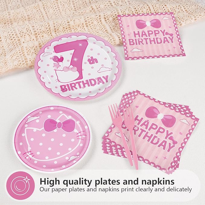 96Pcs Pink Kitten 7th Birthday Party Decorations Pink Cat Dot Plates and Napkins Tableware Set Cartoon Cat Theme 7th Birthday Decorations for Seven Years Old Girls Party Supplies Serves 24