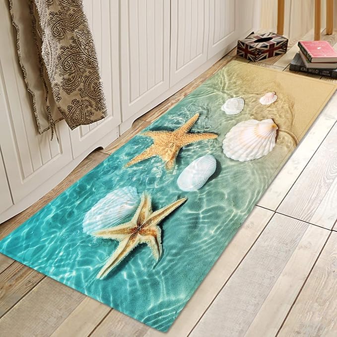 WODEJIA Bathroom Anti-Slip Foam Carpet,Durable Flannel Mat 3D Print Rug for Living Room, Absorbent Water Clearance MatS for Forlaundry Room and Kitchen, Beach Starfish Scallop Carpt 47x18 inches