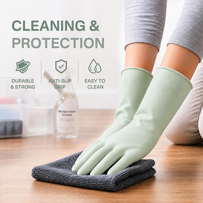 Rubber Cleaning Gloves, Waterproof Non-Slip Long Cuff Dishwashing Household Kitchen Gloves, Gray+Green, Medium, 3 Pairs