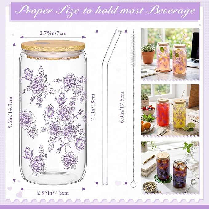 Sliner 2 Pcs Purple Floral Glass Cups Flower Gifts Drinking Glasses 16 oz Iced Coffee Tumbler with Lid Straw Beer Can Tumbler Cute Holiday Gifts for Home Office Decorations