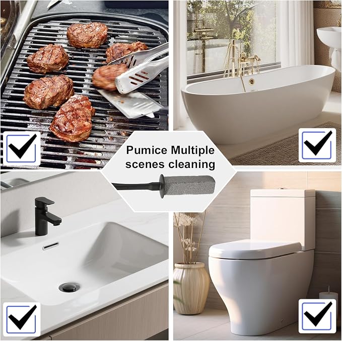 Toilet Brush & Pumice Stone Brush Combo, 2-in-1 Toilet Bowl Brush with Curved Deep Cleaning Brush and Extended Handle, Dual-Slot Holder Set, Compact Size Toilet Cleaner Brush Organizer (Dark Black)