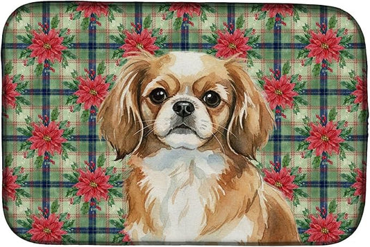 Caroline's Treasures Tibetan Spaniel Christmas PoinsettIas Dish Drying Mat Absorbent Dish Drying Mat Pad for Kitchen Counter Dish Drainer Mat for Countertop, 14 x 21", Multicolor