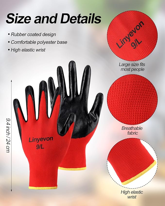 Maxcheck PU Coated Gloves Bulk, Reusable Rubber Safety Gloves for Men Women Work Warehouse, Mechanic, Woodworking