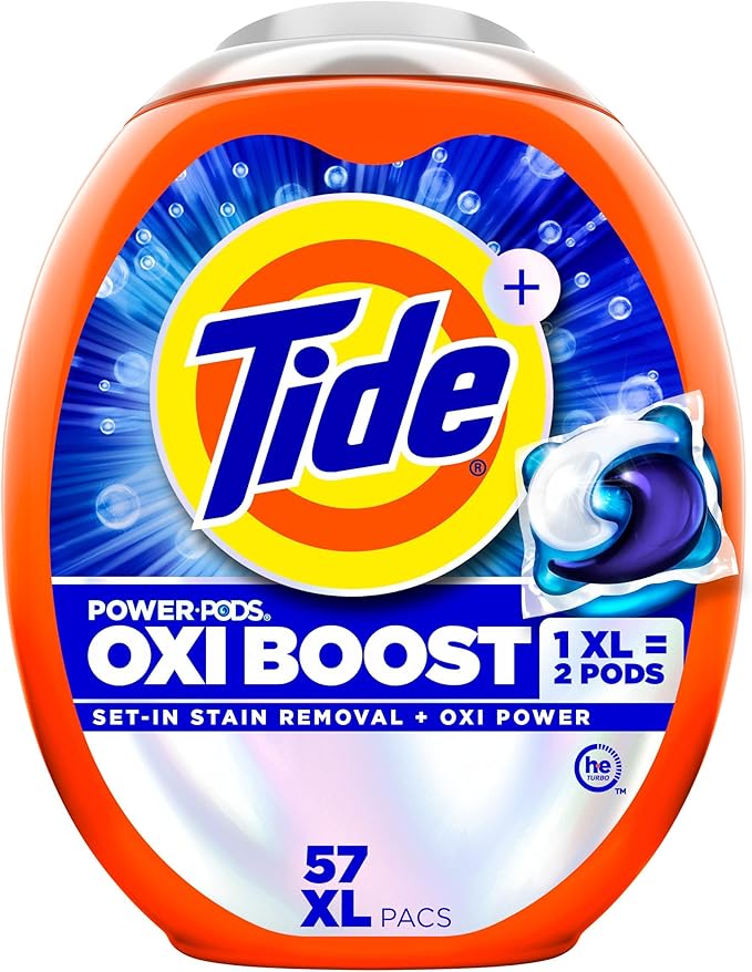 Tide Oxi Boost Power PODS Laundry Detergent Pacs, 57 Count, Set-In Stain Removal + Oxi Power, laundry soap detergent pacs
