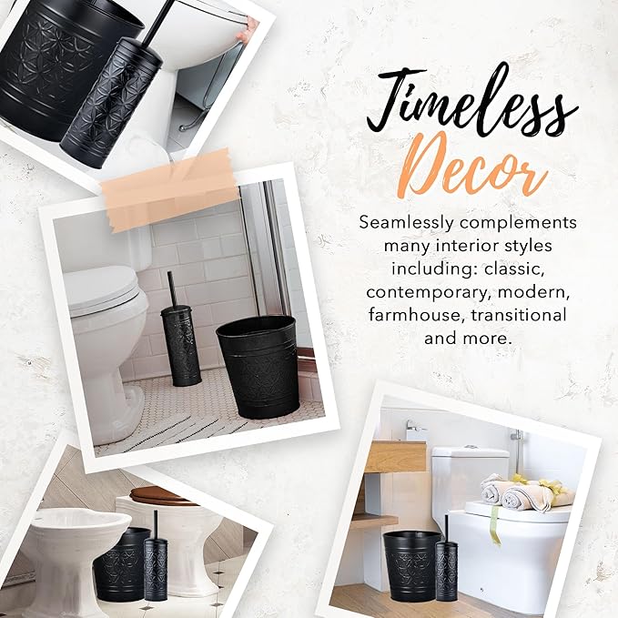 Autumn Alley Handcrafted Black Farmhouse Bathroom Trash Can and Toilet Bowl Brush with Holder Set - Metal Black Bathroom Accessories Set for Classic Bathroom Décor