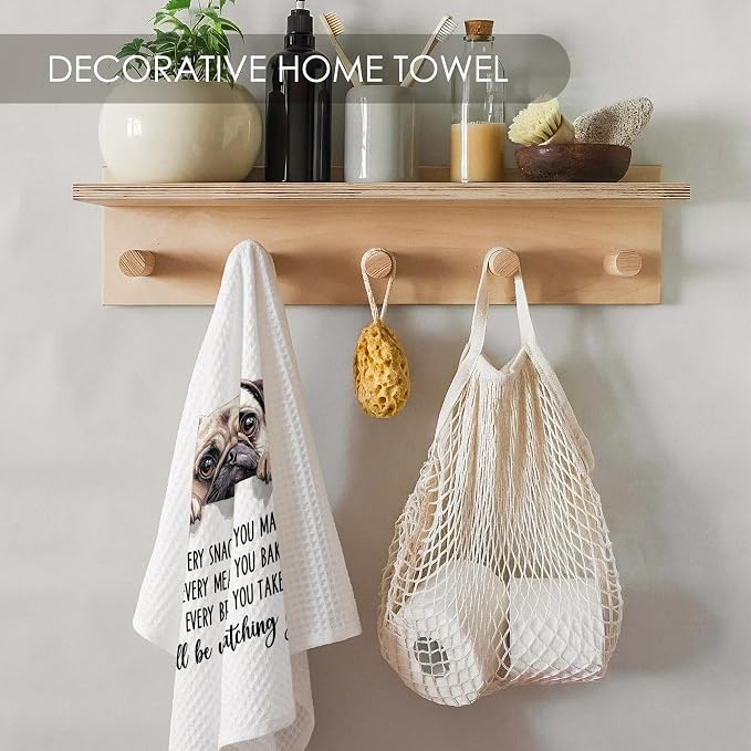 Pug Kitchen Towel Gifts for Dog Lovers Decorative Set of 2, Pug Dish Towels Dishcloths Tea Towels, Puggy Dog Waffle Weave Microfiber Hand Towel for Kitchen Bathroom Decor 16x24