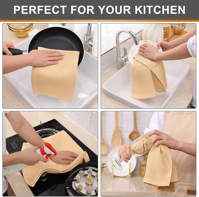 Kitinjoy 100% Cotton Waffle Weave Kitchen Hand Towels (13 X 28 Inches, Apricot), 4-Pack Super Soft and Absorbent Dish Towel for Drying Dishes