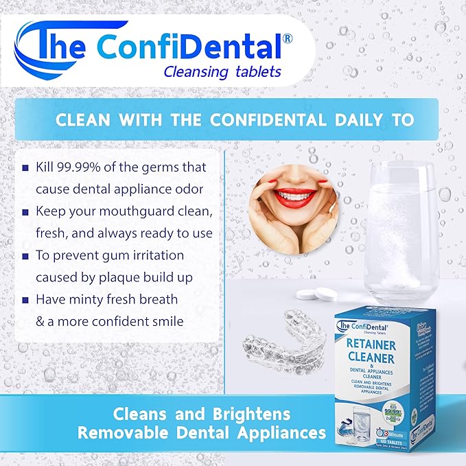 The ConfiDental Cleansing Tablets (120tablets) - 4 months supply. Retainer, Mouth Guard and Dental Appliances Cleaner. Keep your Dental Alliances Fresh and Clean like new.