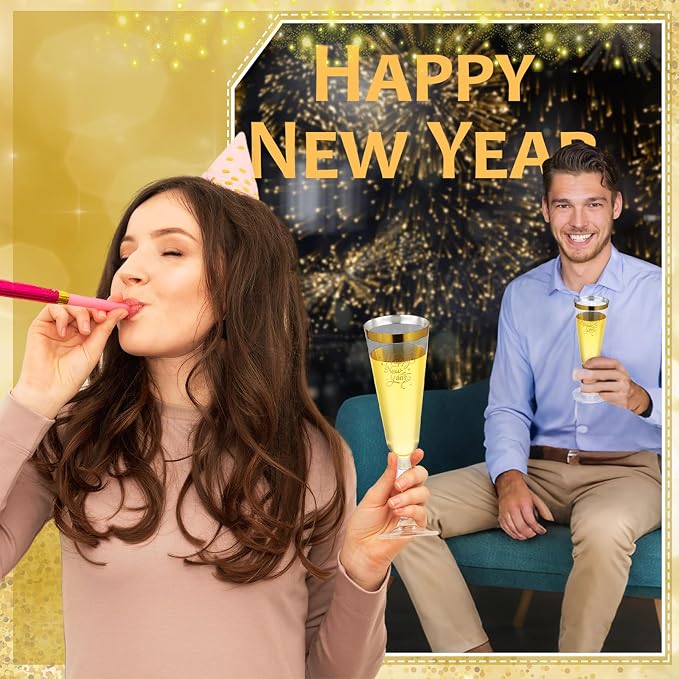Jingmore 48 Pack 2027 Happy New Year Gold & Sliver Rimmed Plastic Champagne Flutes Cheer to 2027 Celebration New Years Eve Party Supplies 5oz Disposable Cocktail Cups Transparent Party Favors (Gold)
