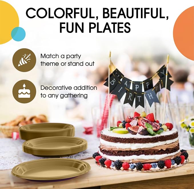 Exquisite Party Solids Gold Plates Disposable Gold Plastic Plates 100 Pieces - 50-7" & 50-9" Heavy Duty 350 GSM Disposable Dinnerware Sets, Plastic Dinnerware Sets