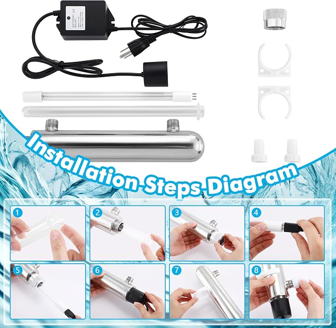 Qualirey 12W UV Pond Water Clarifier, Stainless Steel in-Line UV Light for Koi Pond, Aquarium, Fish Tank, Fountain & Cold Plunge Water Clarity, External Use Only, Not Submersible