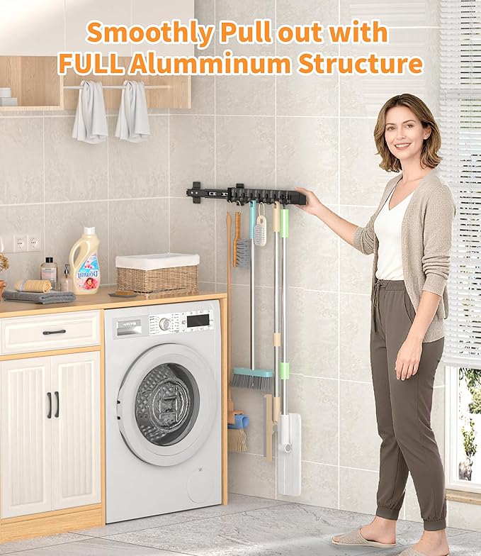 Pull Out Broom Holder With Adjustable Row Sliding Hook, Multifunctional Slide Broom And Mop Storage/Organizer Garage Organization Hooks, for Closet Laundry Garage 36cm/14.17in