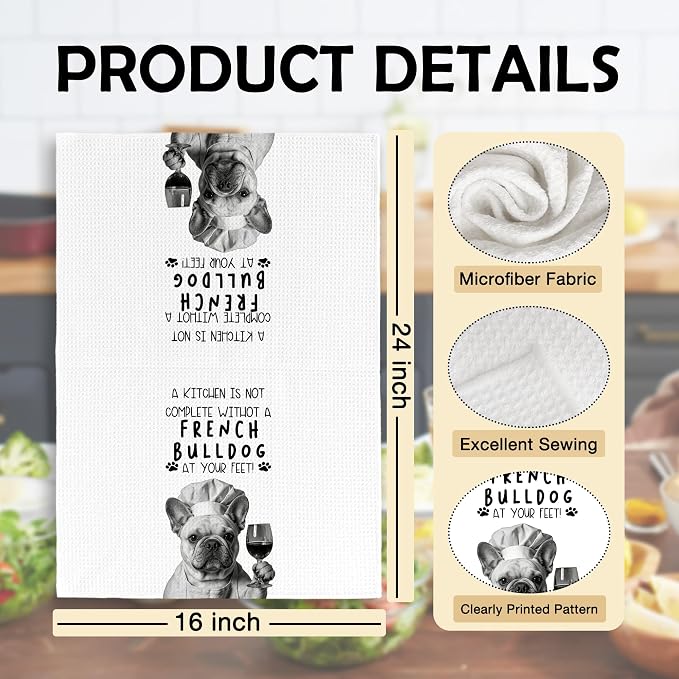 Funny French Bulldog Dog Kitchen Towels 16x24 Inch Set of 2 | French Bulldog Lovers Gifts for Women Men Dish Tea Towels for Kitchen, Dog Lover Mom Dad Owner Gifts Decorative Hand Towel