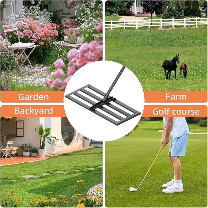 30" x 10" Leveling Rake for Backyard Leveling Kit, 6.5FT Heavy Duty Lawn Leveling Tool for Uneven Grass & Soil, Stainless Steel Yard Leveling Rake for Seeding, Includes Bonus Gloves & 2 Hooks, Black