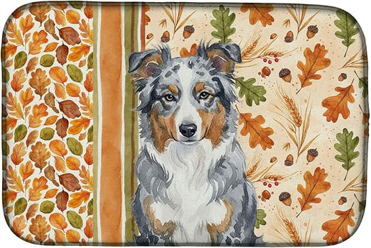 Caroline's Treasures Blue Merle American Shepherd Heirloom Fall Dish Drying Mat Absorbent Dish Drying Mat Pad for Kitchen Counter Dish Drainer Mat for Countertop, 14 x 21", Multicolor