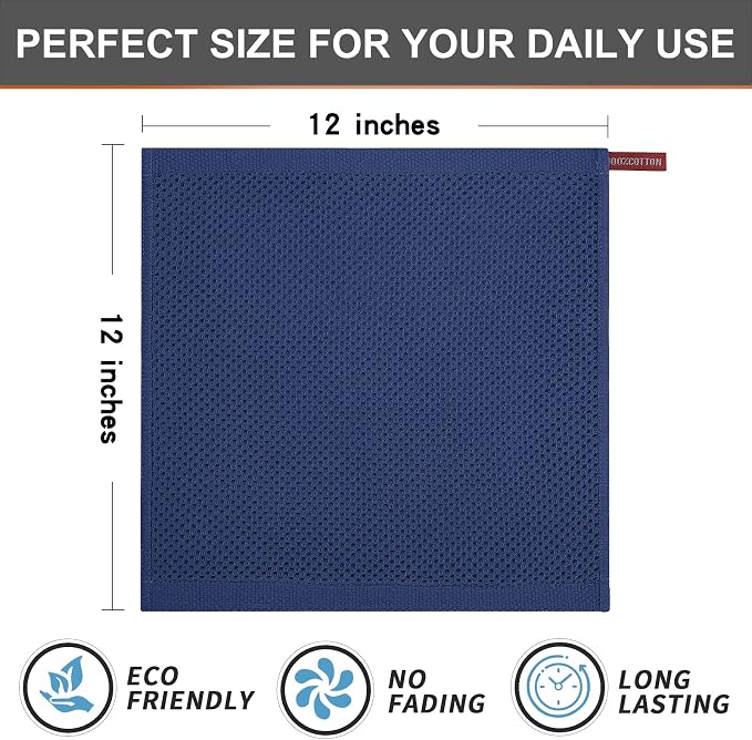 Kitinjoy 100% Cotton Kitchen Dish Cloths (12 X 12 Inches, Navy Blue), 8 Pack Waffle Weave Ultra Soft Absorbent Dish Towels for Drying Dishes Quick Drying Kitchen Towels Dish Rags