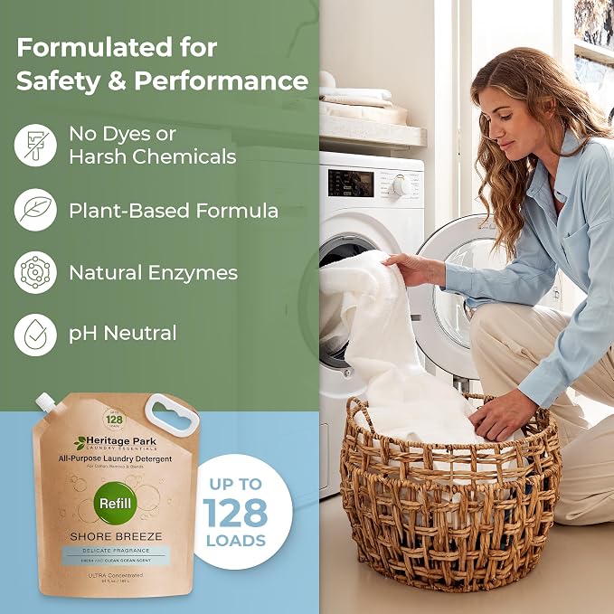 Heritage Park Luxury Laundry Detergent | Dermatologist Tested Plant based Natural & Enzyme Laundry Detergent | Sensitive Skin Friendly - Shore Breeze (64 fl oz Refill)