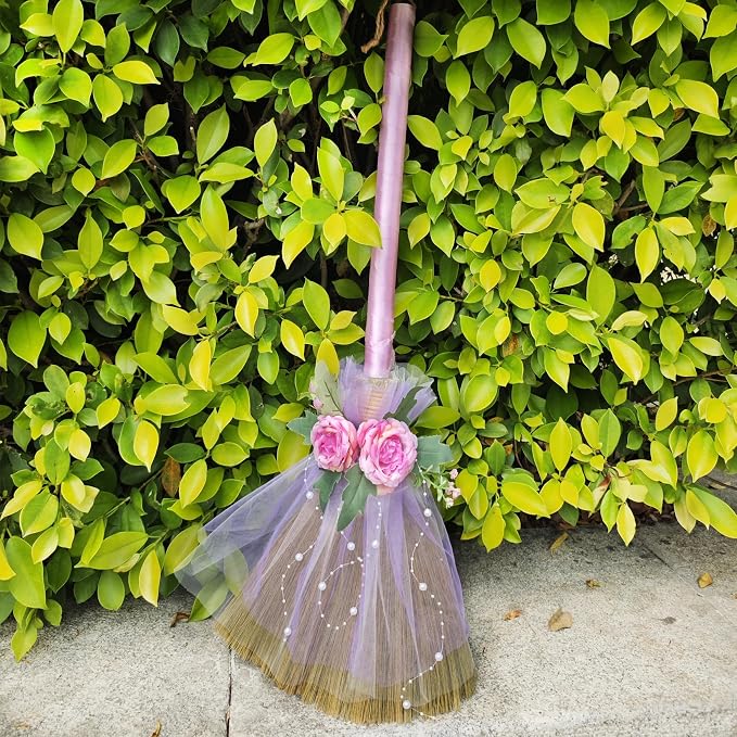 Wedding Broom Jumping Broom for Wedding Ceremony 28 inch Whisk Purple Gauze/Artificial Roses (Finished Product)