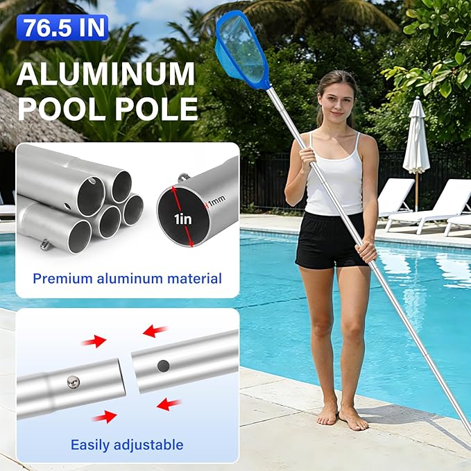 Swimming Pool Cleaning Kit Including 12.5 in Pool Brush Head,Ultra Fine Mesh Pool Leaf Skimmer Net with 76.5 in Aluminum Pole for Remove Debris and Dirt