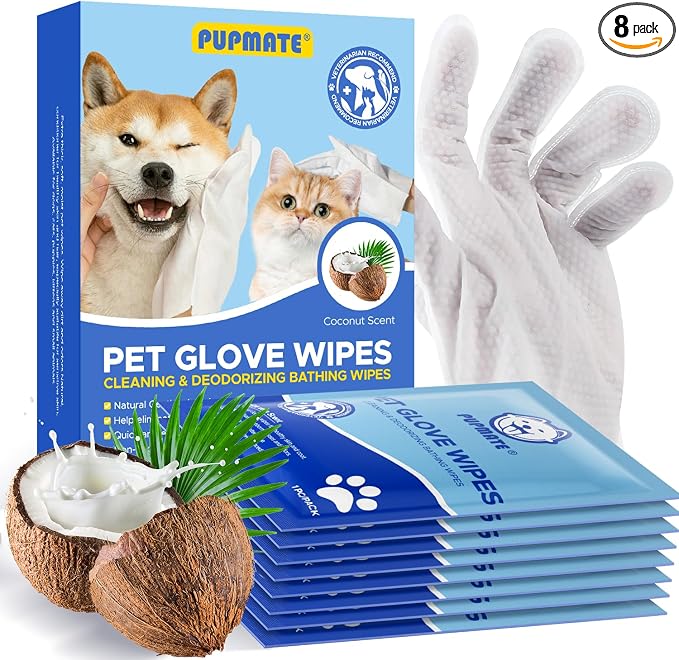Pet Cleaning Glove Wipes for Dogs & Cats, Hypoallergenic Deodorizing Disposable No-Rinse Grooming Wipes, Wipes, Perfect for Pet Dry Cleaning, Daily Care and Travel, Coconut Scent, 8 pcs