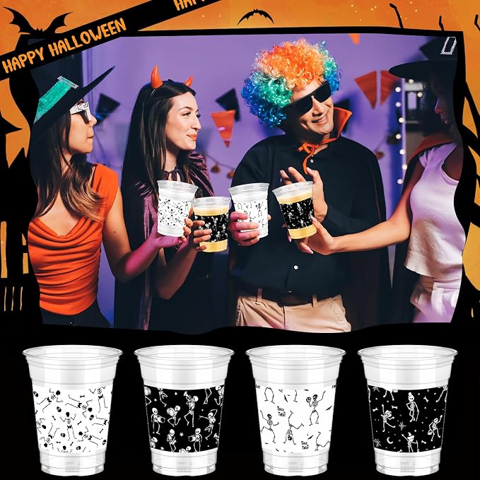 Bokon 100 Pcs Skeleton Halloween 12 oz Plastic Cups Disposable Cocktail Glasses Happy Halloween Cute Disposable Cups for Coffee Juice Hot Cold Drinks Party Supplies (Black and White, Skeleton)