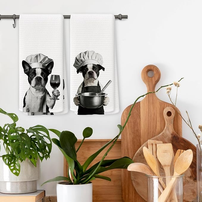 Funny Chef Boston Terrier Kitchen Towels Set of 2, Boston Terrier Dog Gifts for Women Dish Tea Towels for Kitchen, Dog Mom Lovers Owner Gifts Decorative Hand Towel, 16x24 Inch