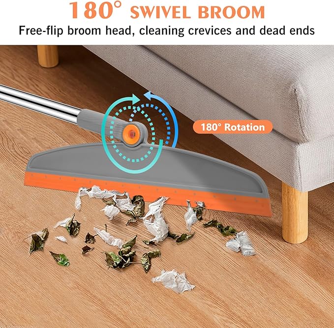 Broom and Dustpan Set, Long Adjustable Handle Broom Dustpan Combo with Dustpan Teeth to Automatically Clean Hair+Multifunction Silicone Broom, Silicone Floor Squeegee Broom for Home Bathroom, Kitchen