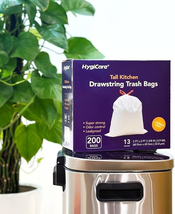HygiCare 13 Gallon Tall Kitchen Trash Bags, Lavender Scented 200 Count Drawstring Garbage Bags, Pre-Separated, Odor Control, Ultra Strong, Leakproof, Sturdy, White