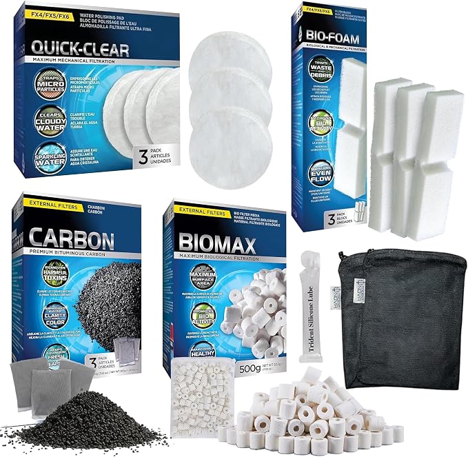 FX4/FX5/FX6 Canister Filter Maintenance and Replacement Filter Media Kit, Including Trident Nova Aquarium Filter Media Bags(Fx Bio-Foam Block, FX Quick Clear/Water Polishing Pad, Carbon, Biomax)