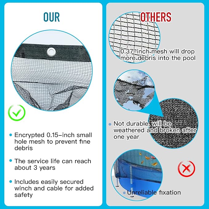 Leaf Net for Oval Above Ground Pool18x34 Ft, Durable Black Mesh Swimming Pool Leaf Net Cover with Winch and Cable for Leaves and Debris, Tear Resistant, UV Resistant, Netting Size: 22 X 38 FT
