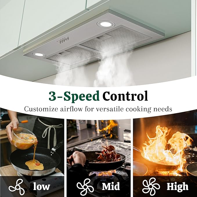 FIREGAS Range Hood Insert 30 Inch, 600 CFM Ducted/Ductless Convertible Built-in Kitchen Vent Hood, Stainless Steel Stove Hood with 3 Speed Exhaust Fan & Aluminum Filters