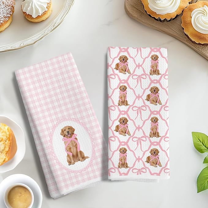 Coquette Pink Bow Golden Retriever Gifts Kitchen Hand Towels for Bathroom，Coquette Pink Golden Retriever Girly Bathroom Kitchen Decor,16x24 Inch Set of 2