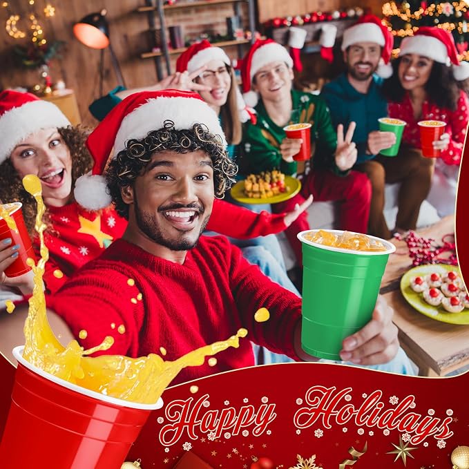 100 Pcs 16 Oz Christmas Plastic Cups Red and Green Disposable Shot Cups Bulk Holiday Christmas Party Cup Shot Glasses for Drinking Beverage Xmas Winter Party Supplies Camping Picnic Birthday