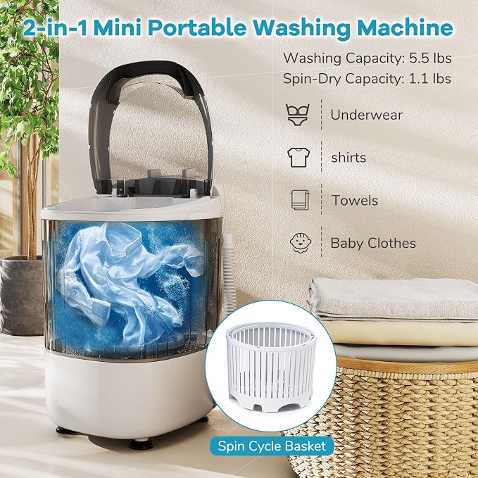 Giantex Portable Mini Washing Machine, 5.5 lbs Capacity Small Compact Laundry Washer with Spin Tub & Drain Hose, Semi-automatic Washer Machine for Apartment Dorms RV Home (Grey)