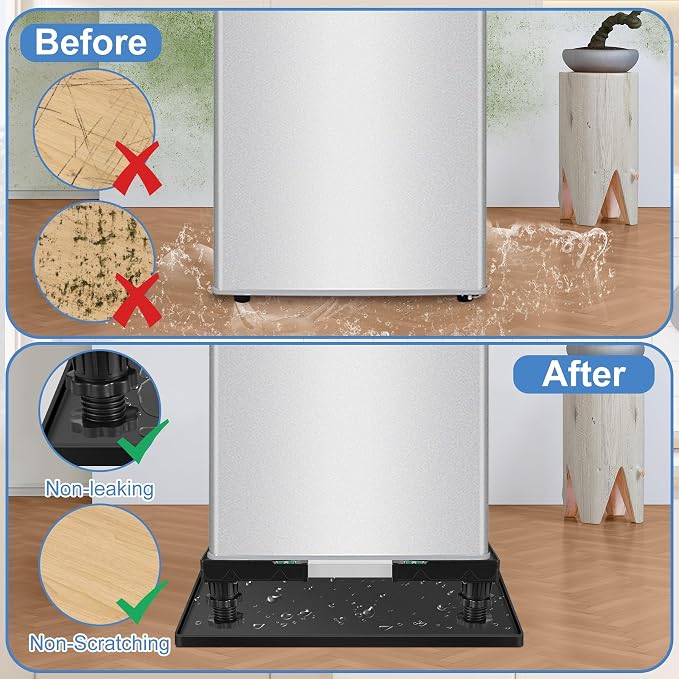 Mini Fridge Stand with Silicone Mat, Adjustable Height 4.1-5.1" Washer and Dryer Stand Base with 24"x24" Silicone Drip Tray Mini Refrigerator Stand Base for Furniture Portable Appliance Pedestal Black