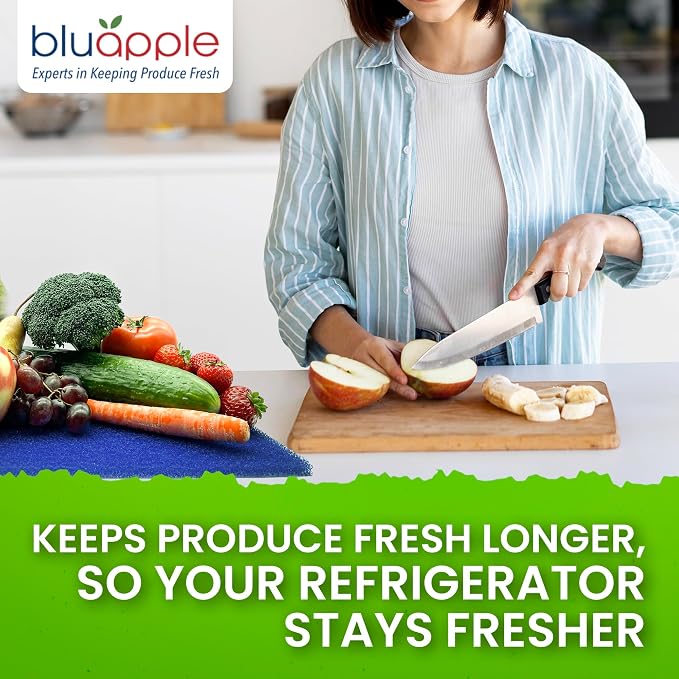 Bluapple FreshMats, Refrigerator Bin Liner, Fridge Drawer Mats, Crisper Life Extender Liner Keeps Produce Fresh Longer, Anti-Bruising, Helps Air Circulation, Washable & Reusable (4-Mats, 12x15, Blue)