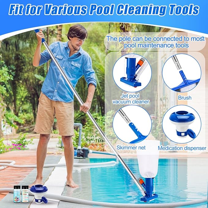 Potchen 6 Pcs Pool Cleaning Kit Include Vacuum Head, Skimmer Net, Brush Head, Telescoping Pole, Pool Chlorine Floater, and Test Strips for Above Ground Pools Hot Tubs Maintenance Tools(Spa Jet Vac)