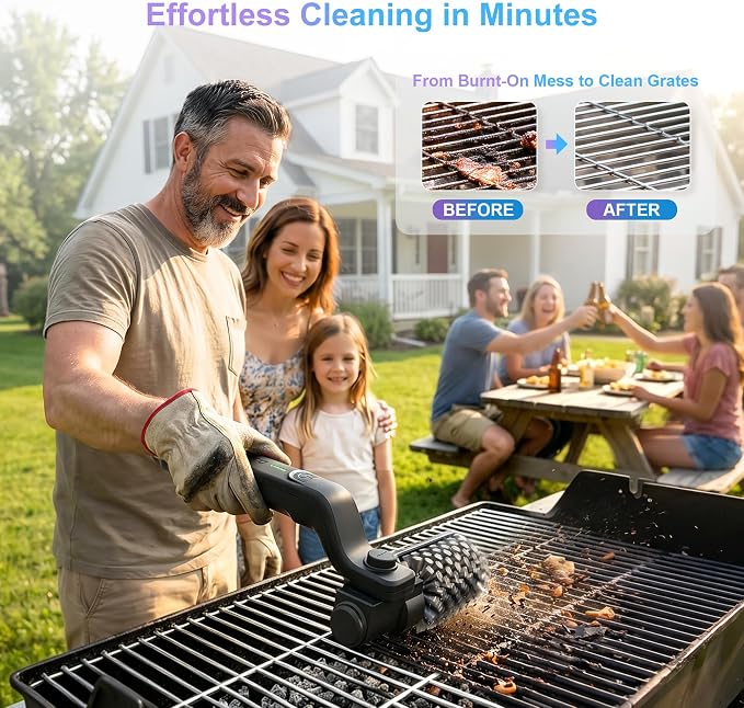 Electric Grill Brush, 20kg High Torque BBQ Cleaner with 3 Speed Modes, Reinforced Steel Bristle Scrubber, Type-C Rechargeable, Safe for Cast Iron & Porcelain Grates