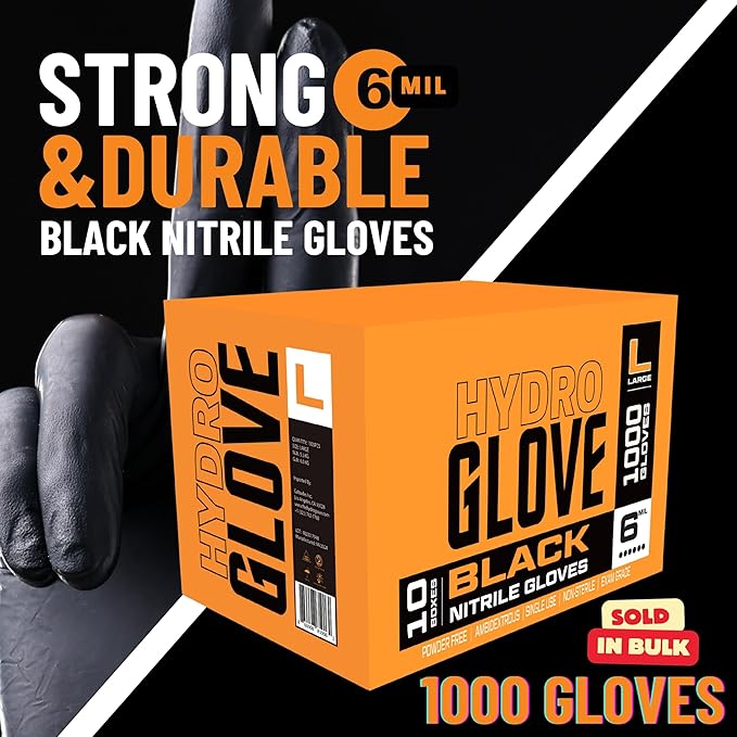 Black Nitrile Gloves 6 Mil | Heavy Duty, Latex-Free, Powder-Free | Food, Mechanic, Exam Disposable Gloves 1000