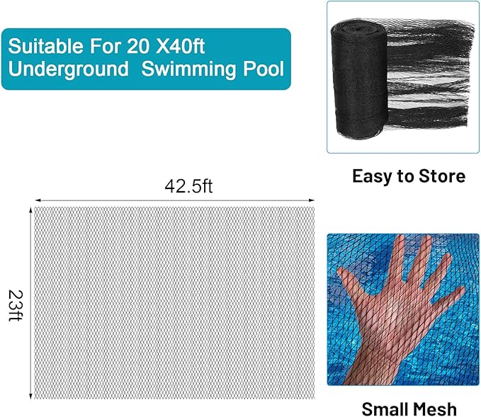 Therwen 23 x 42.5 ft Leaf Net Cover for Inground Pools Rectangle Mesh Keeps Leaves Out Applies to 7 x 13 M Pool for Winter Autumn Summer Cover Resistance Cold and UV, Easy to Install, Black