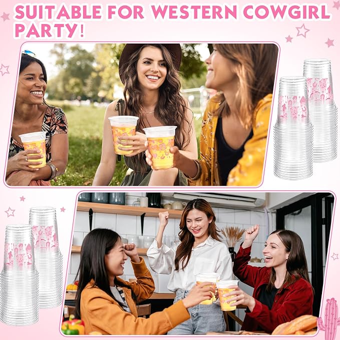 Jingmore 100 Pcs Western Plastic Cups 12 oz Clear Disposable Plastic Cowboy Cowgirl Drinking Cups Bulk for Boho Preppy Baby Shower Birthday Wild West Party Decoration Supplies(Western Cowgirl,Pink)