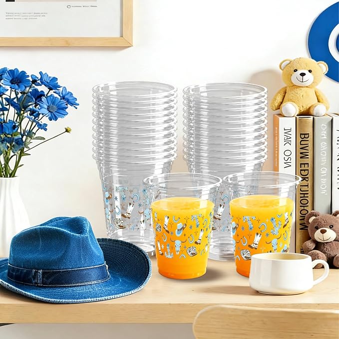 100 Pcs Cowboy Party Plastic Cups, 16 oz Clear Blue Western Cowboy Disposable Cups Bulk for Cold Juice Cold Beverage Holiday Favor Birthday Party Supplies