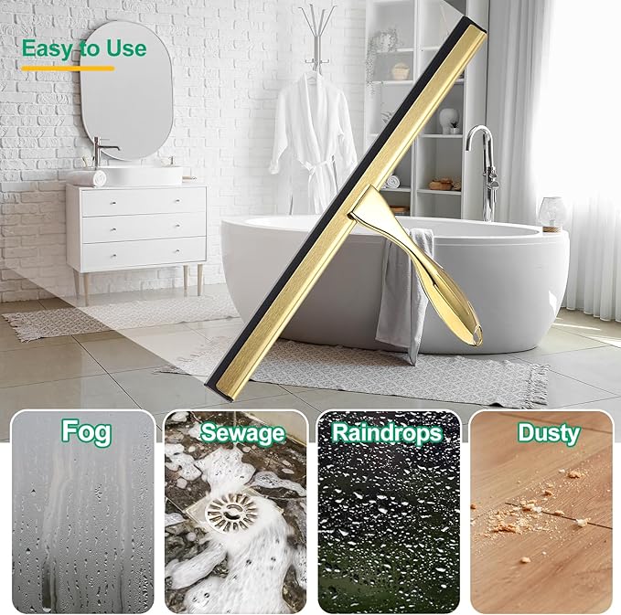 uxcell 14 Inch Shower Squeegee for Glass Doors, Stainless Steel All-Purpose Bath Squeegee with Hooks Holder Square Sticky Hook for Bathroom Window Mirror Car Glass, Gold