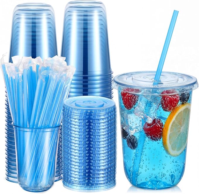 Ziliny 50 Sets Clear Round Bottom Plastic Cups with Lids and Straws, Cute Disposable Drinking Coffee Cups, for Christmas Valentine's Galentine's Day Party Wedding Birthday Supplies (16oz,Blue)