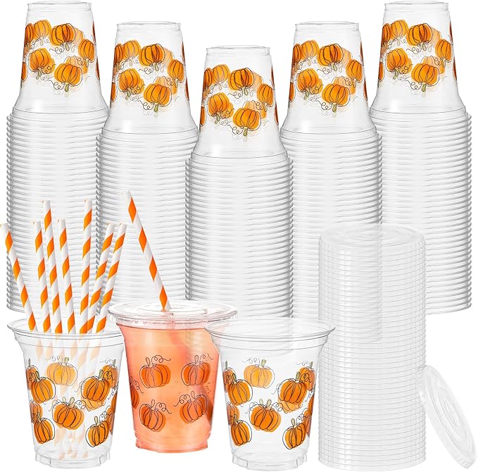 Umigy 100 Pack Honey Bee Plastic Disposable Cups with Lids and Straws 12 oz Disposable Cups for Juice Water Coffee Summer Party Sports Party Supplies(Pumpkin)