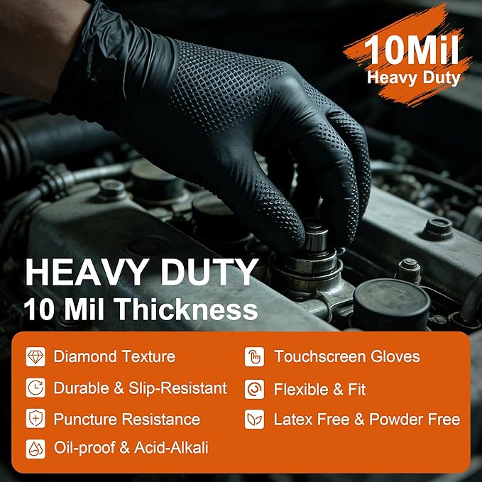 10mil Nitrile Gloves Thick,Industrial Disposable Gloves with Diamond Textured,Heavy Duty Mechanic Glove,Latex Free