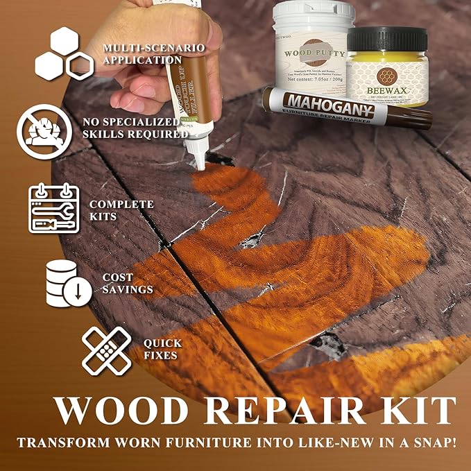 Wood Furniture Repair Kit - Set of 34 - Laminate Floor Repair Kit with Wood Putty, 12 Colors Wood Filler & 8 Colors Furniture Markers and Beewax, Wood Repair Kit for Scratch Cracks Hole Discoloration