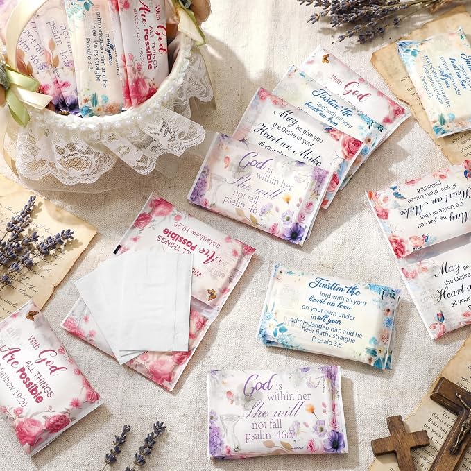 TaoBary 80 Pack Christian Pocket Tissues for Wedding Guests Scripture Floral Pocket Tissues Travel Packs Inspirational Bible Verse 3 Ply Soft Facial Napkin for Wedding Travelling Ceremony Supplies