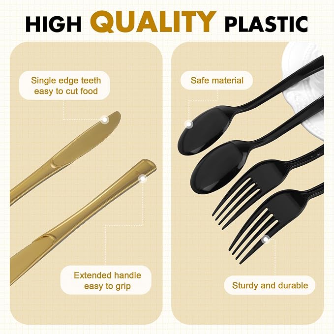 Kochorie 300 Pieces Graduation Black and Gold Plastic Silverware Heavy Duty Plastic Cutlery Set Disposable Flatware Includes Spoons Forks Knives for Party Supplies